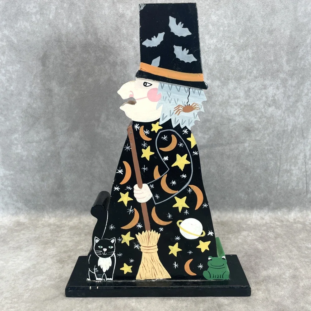 Rare Vtg Pier 1‎ Halloween Witch Tea Light Candle Holder Hand Painted Wood READ